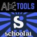 logo of Schoolai and it says AI Tools at the top. Colors are dark blue and light blue with a star burst pattern.